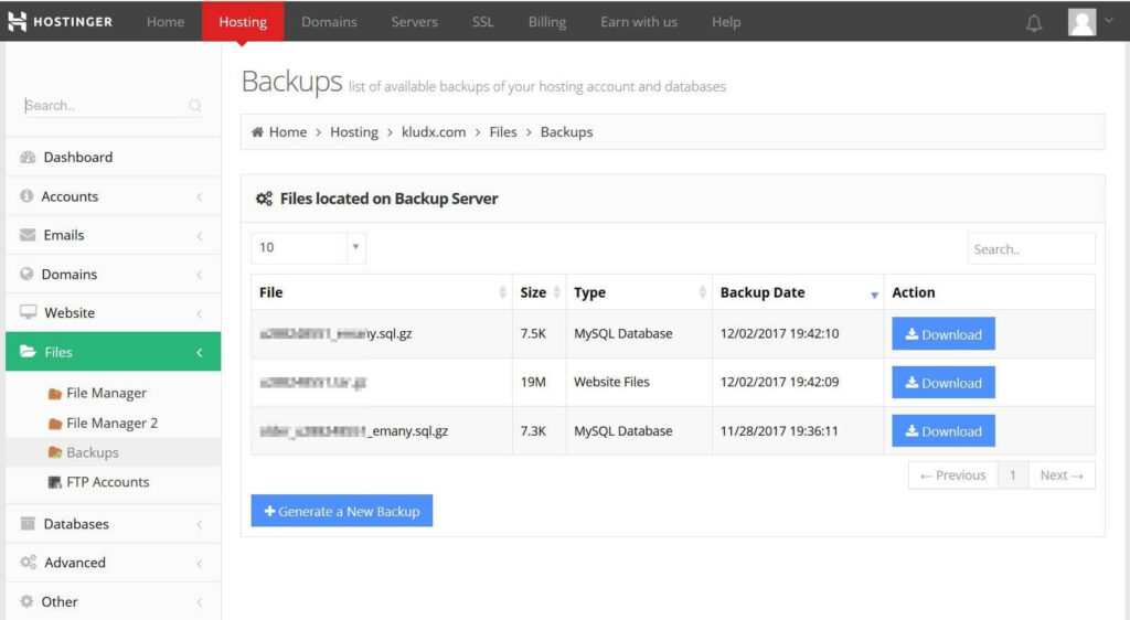 Hostinger Backups